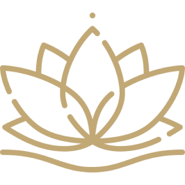 A line icon depicting a stylized lotus flower with multiple petals, positioned above wavy lines that may represent water. At the center top of the lotus, there's a small dot, possibly indicating a dewdrop or light reflection. The design is rendered in a gold color 